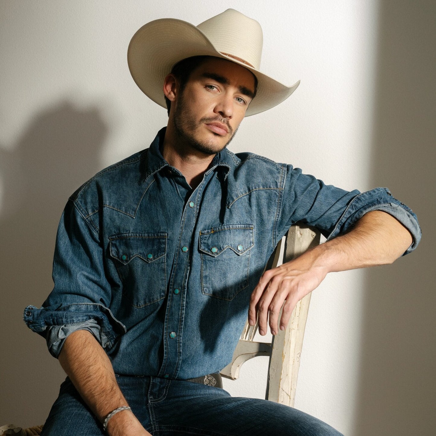 Blue Turquoise Snap Western Denim Shirt / Stetson