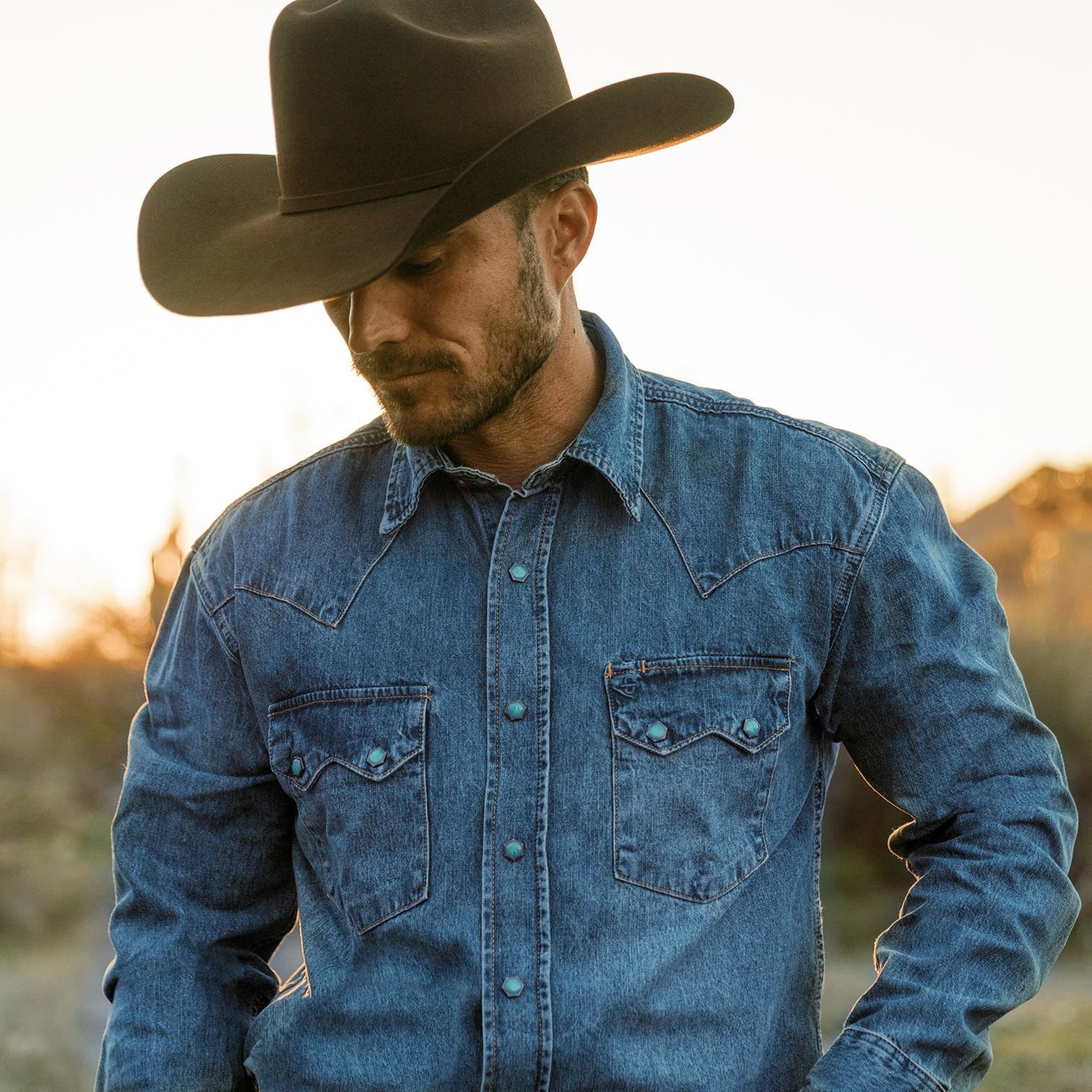Blue Turquoise Snap Western Denim Shirt / Stetson
