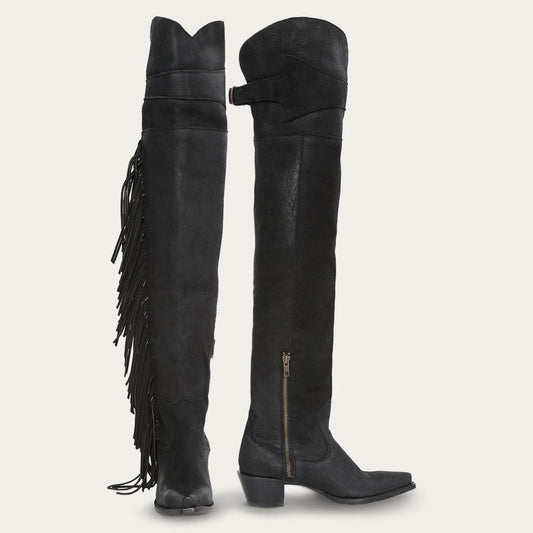 Black Leather Glam Over-The-Knee Fringe Boot / Stetson