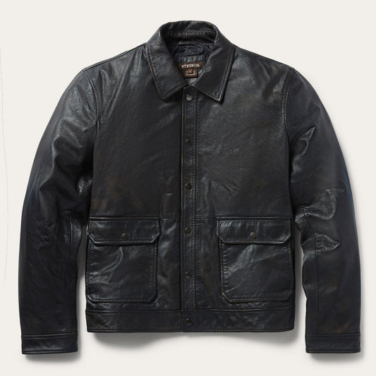 Brown Snap Front Leather Jacket / Stetson