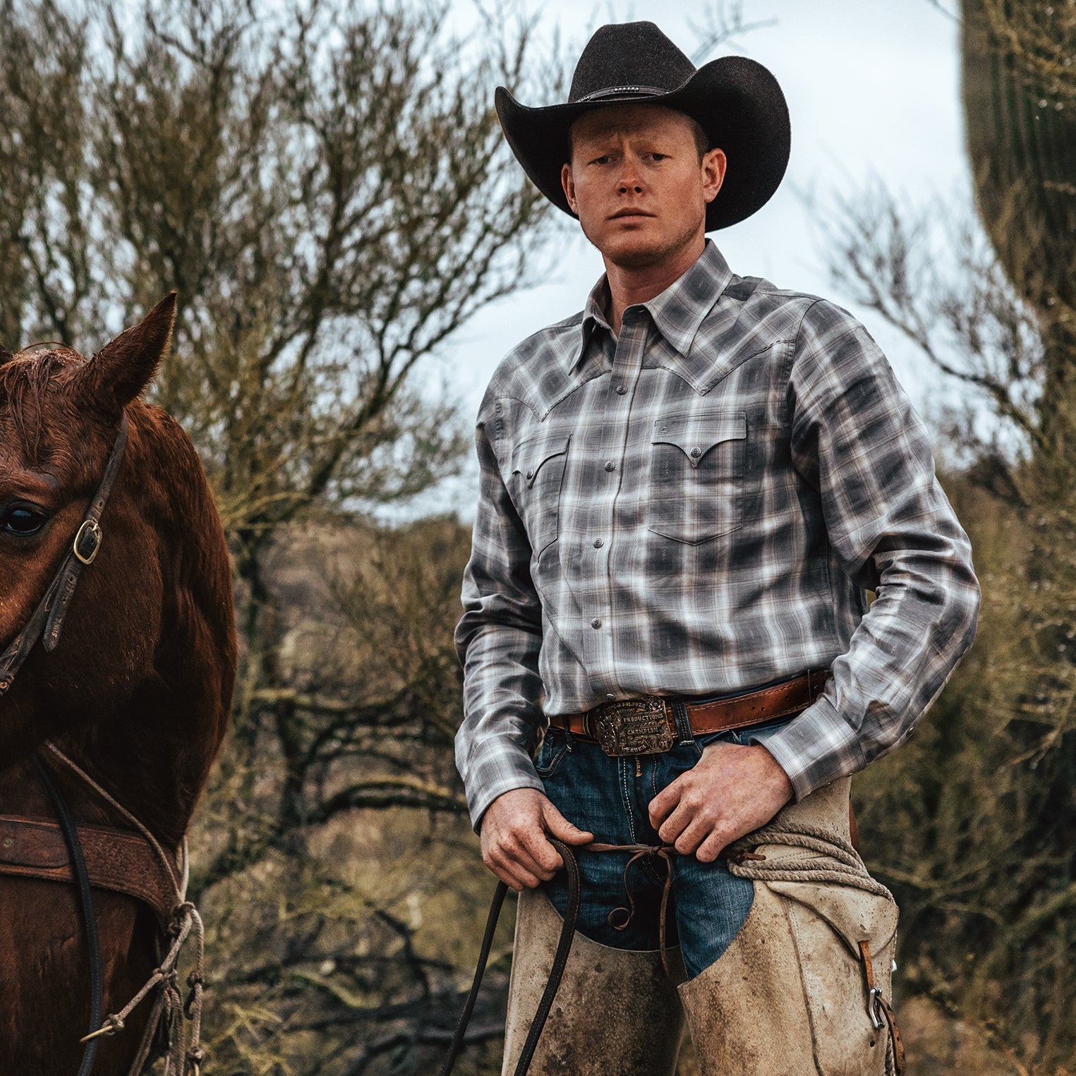 Brown Dobby Twill Plaid Shirt / Stetson