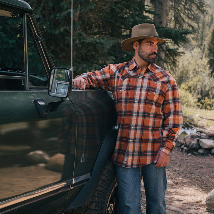 Orange Brushed Twill Plaid Shirt / Stetson