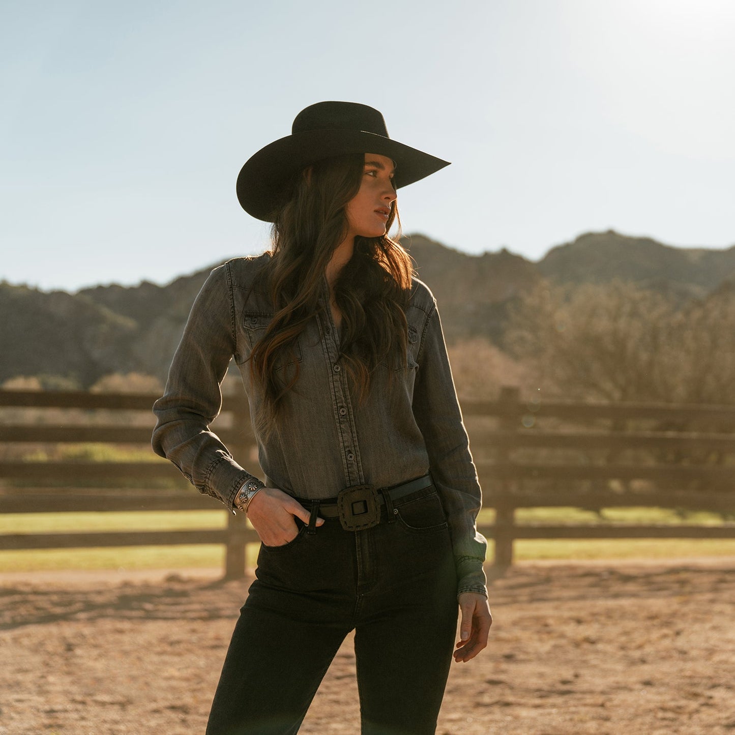 Washed Black Boyfriend Fit Denim Shirt / Stetson