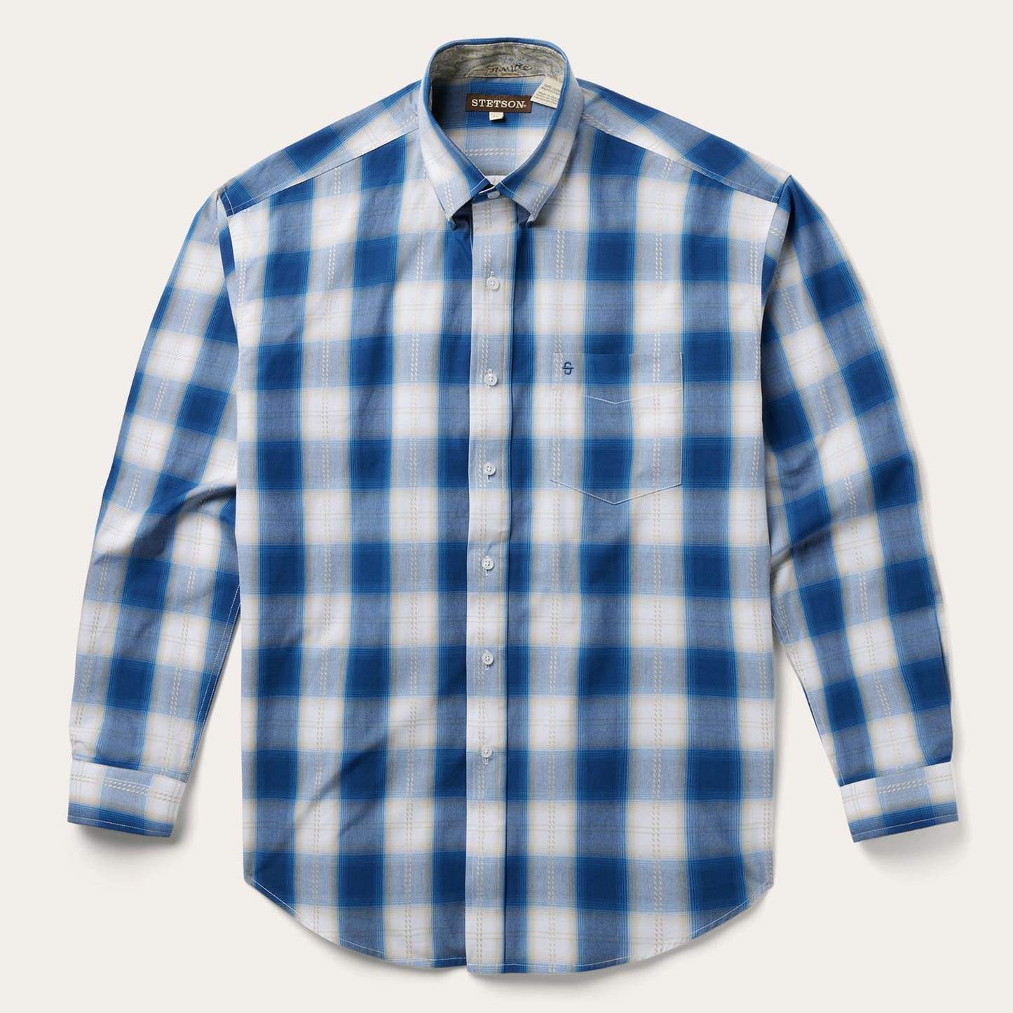 Blue Navy Gold Ombre Plaid Short Sleeve Western Shirt / Stetson