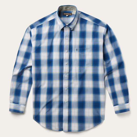Blue Navy Gold Ombre Plaid Short Sleeve Western Shirt / Stetson