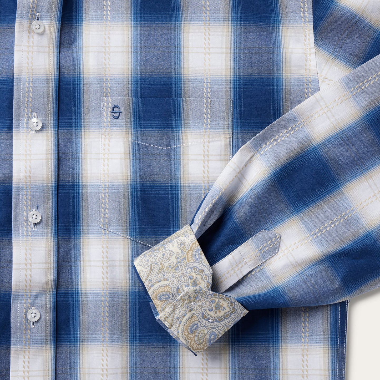 Blue Navy Gold Ombre Plaid Short Sleeve Western Shirt / Stetson