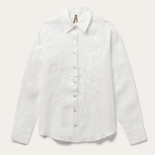 White Floral Embroidered White Linen Shirt / Stetson