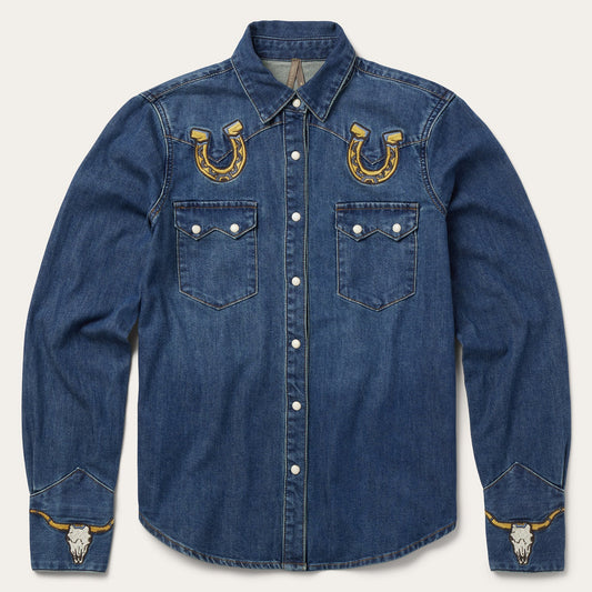 Blue Embroidered Dark Denim Western Shirt / Stetson