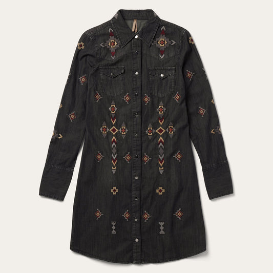 Black Embroidered Black Denim Shirt Dress / Stetson
