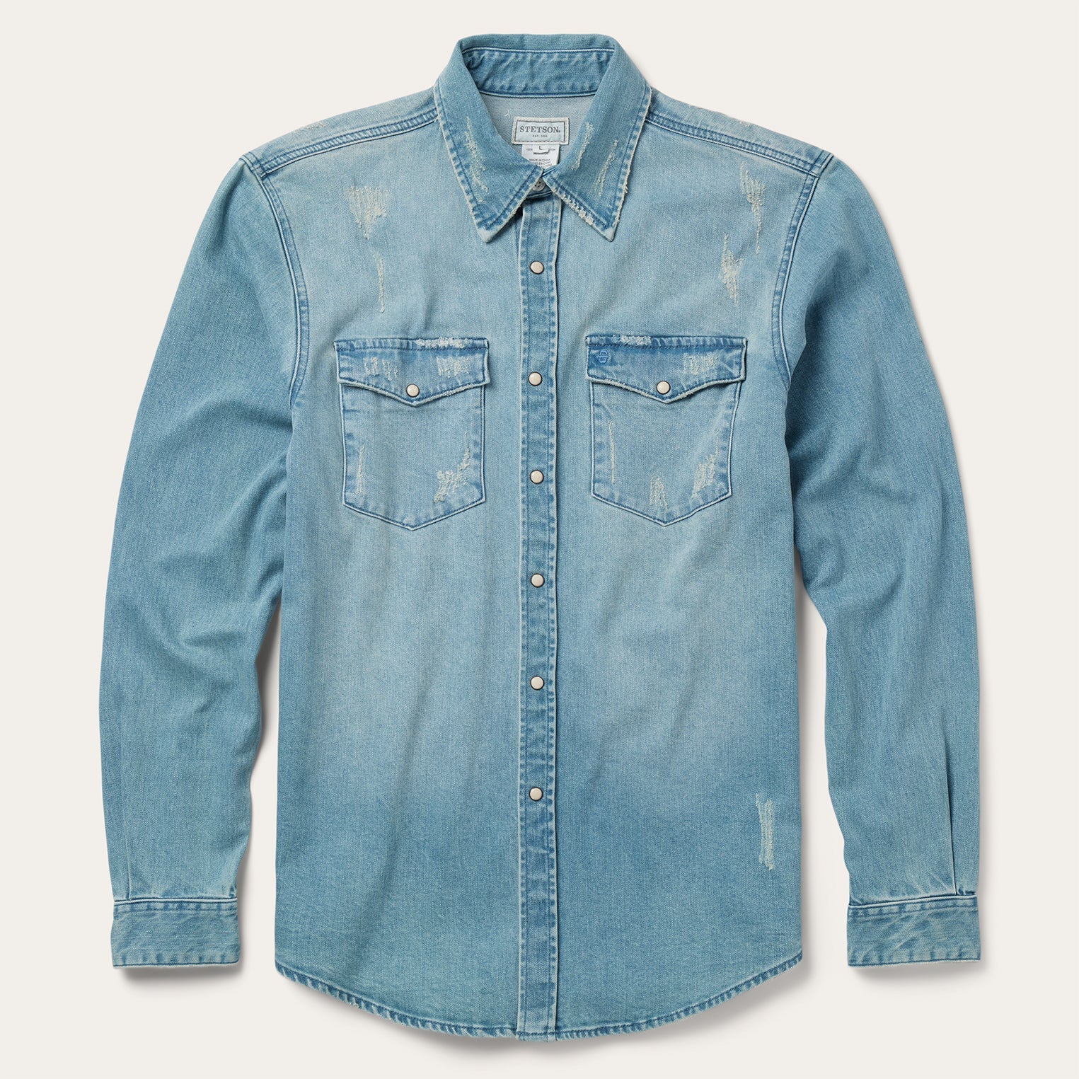 Blue Distressed Denim Western Shirt / Stetson