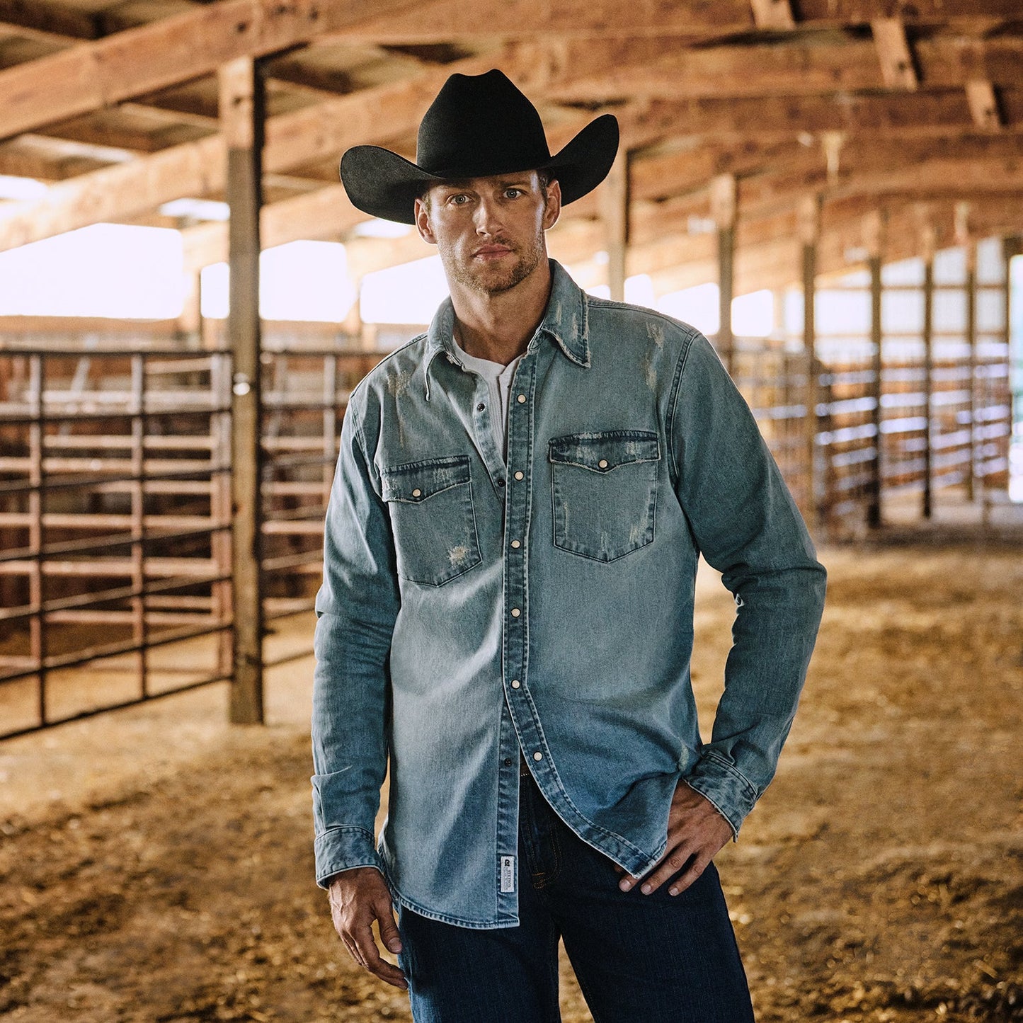 Blue Distressed Denim Western Shirt / Stetson