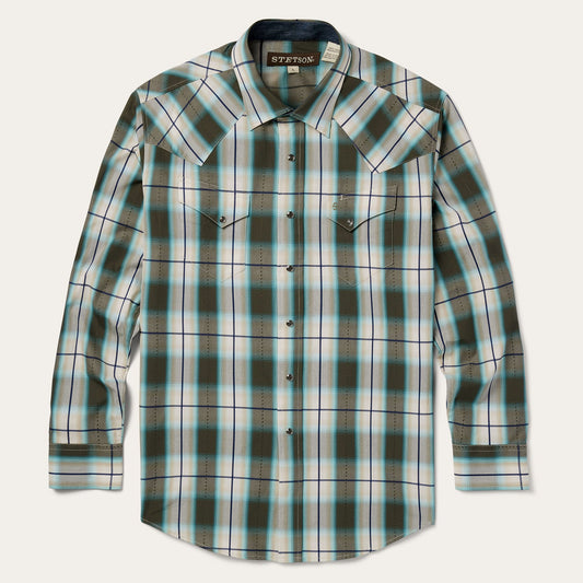 Green Olive Ombre Plaid Western Shirt / Stetson