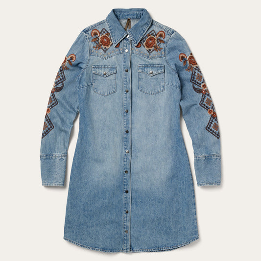 Blue Floral Embroidered Denim Shirt Dress / Stetson