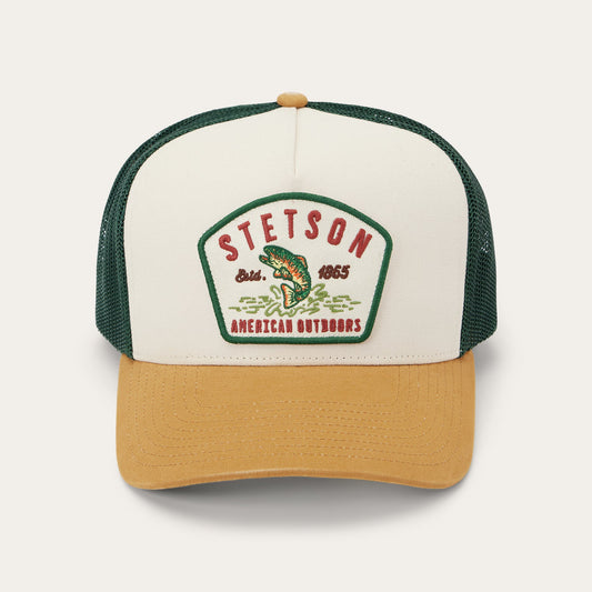 Off White / Tan / Green Fishing Patch Trucker Cap / Stetson