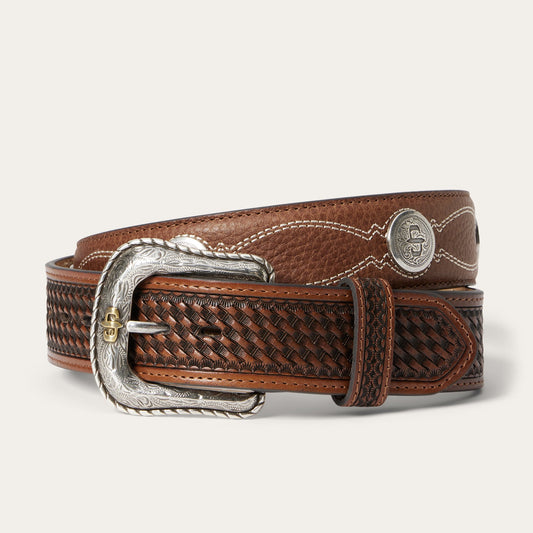 Natural/Brown Pebble Leather Basket Weave Tabs Belt / Stetson