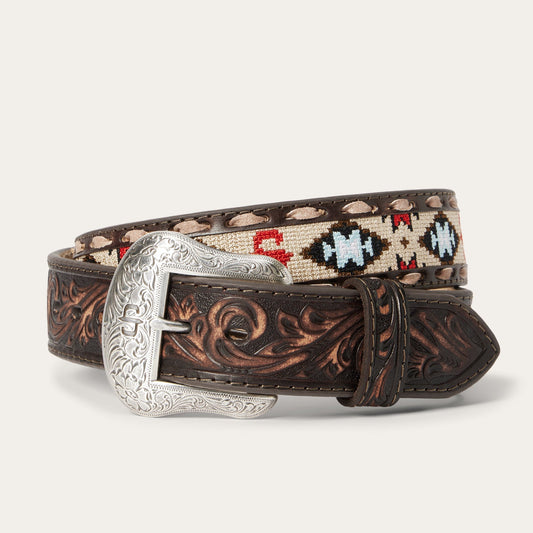 Vintage Brown Embroidered Tooled Tab Belt / Stetson