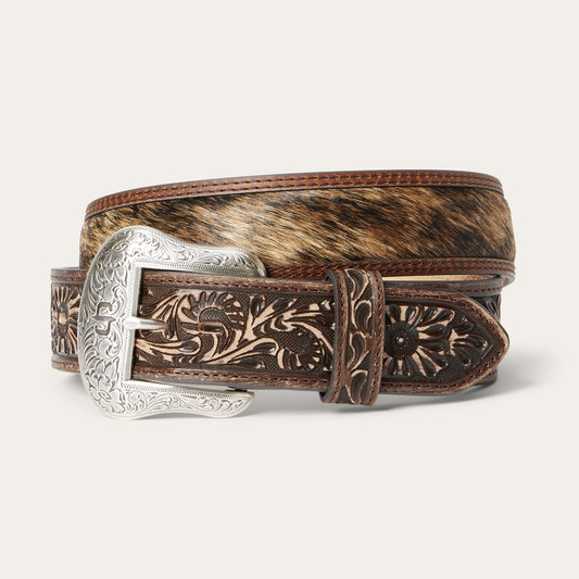 Vintage/Brown Hair-on-Hide Tooled Tab Belt / Stetson