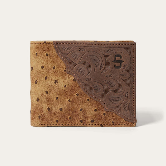 Brown / California Nut Tooled Embossed Ostrich Bi-Fold Wallet / Stetson
