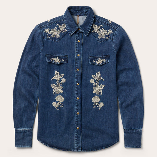 Blue Floral Embroidered Dark Denim Shirt / Stetson