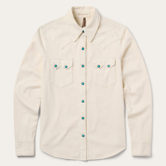 Cream Turquoise Snap Western Denim Shirt / Stetson