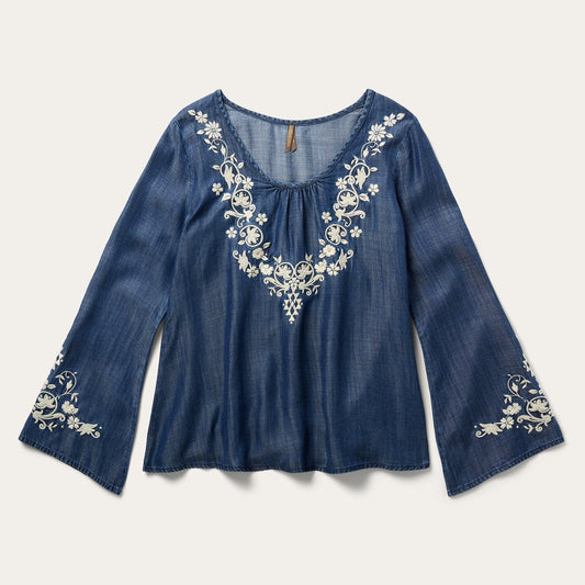 Blue Embroidered Denim Peasant Blouse / Stetson