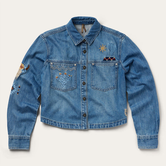 Blue Embroidered Denim Button-Up Cropped Shirt / Stetson