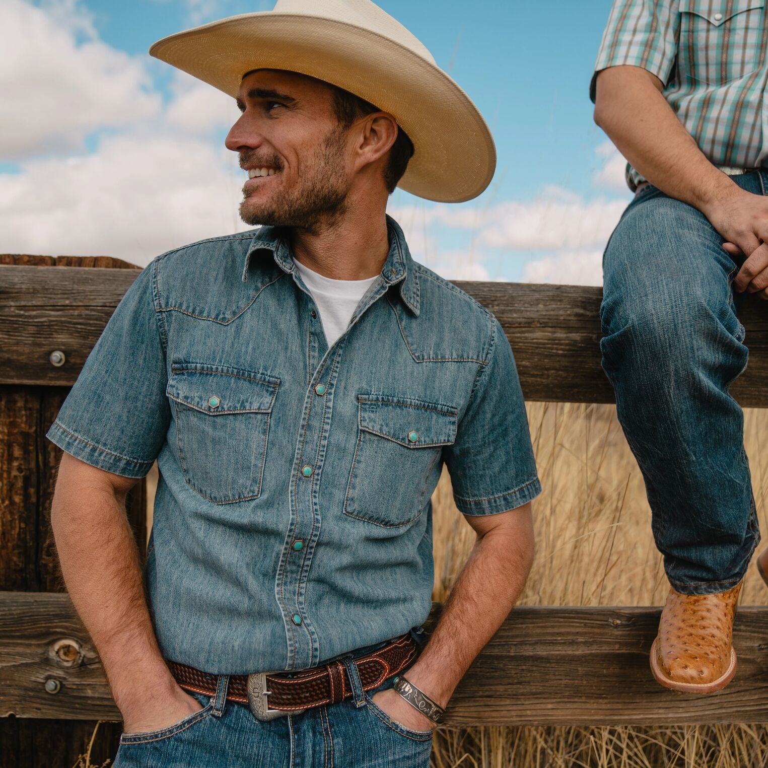 Blue Turquoise Snap Short Sleeve Denim Shirt / Stetson