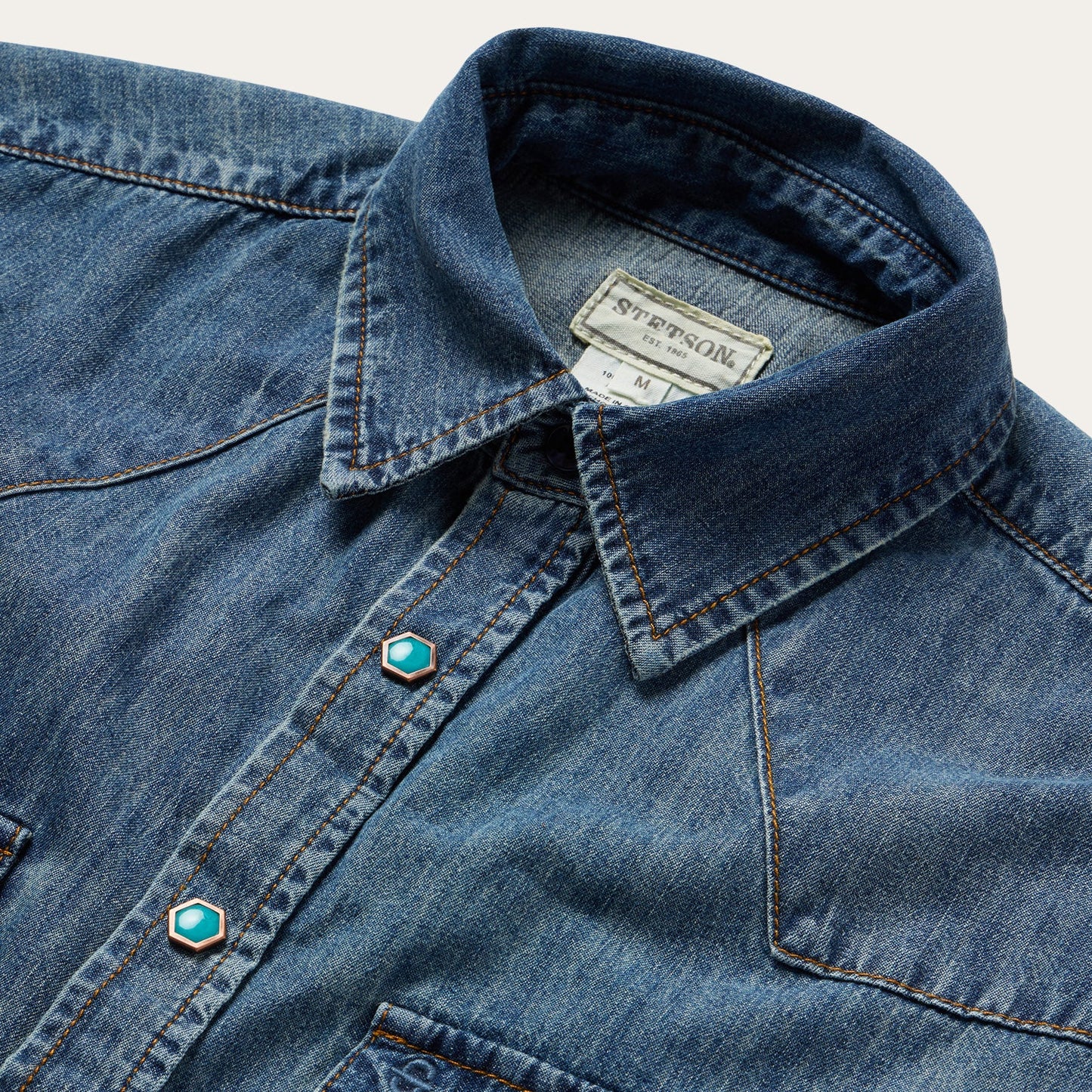 Blue Turquoise Snap Short Sleeve Denim Shirt / Stetson