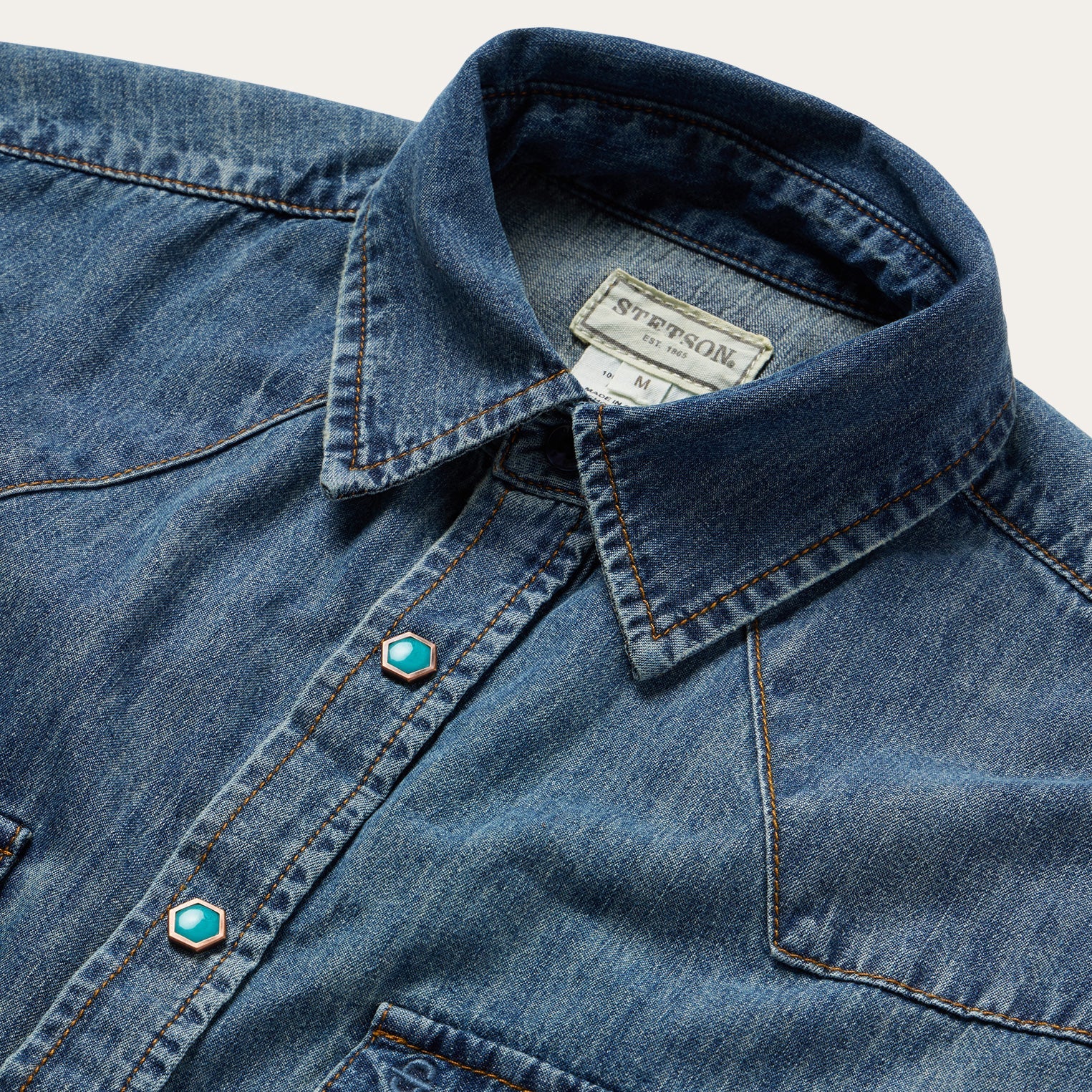 Blue Turquoise Snap Short Sleeve Denim Shirt / Stetson