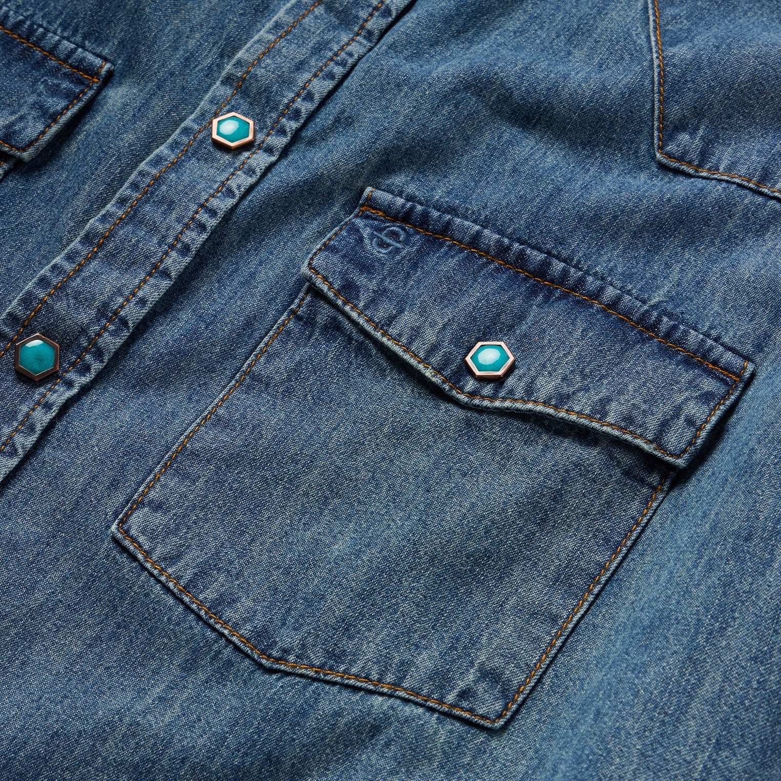 Blue Turquoise Snap Short Sleeve Denim Shirt / Stetson