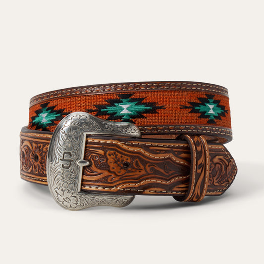 Tan Tooled Tab Embroidered Belt / Stetson